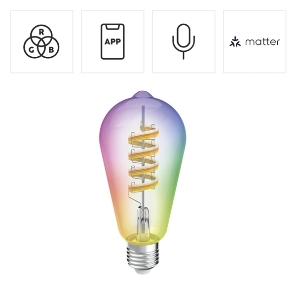 Hama SMART WiFi LED žárovka, Matter, E27, retro, ST64 Filament, RGBW, stmívatelná, aplikace