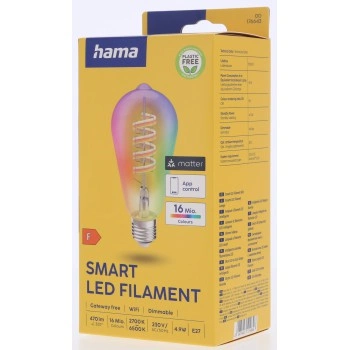Hama SMART WiFi LED žárovka, Matter, E27, retro, ST64 Filament, RGBW, stmívatelná, aplikace