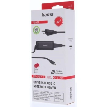 Hama USB-C napájecí zdroj pro notebooky, Power Delivery, GaN, 5-20 V, 45 W