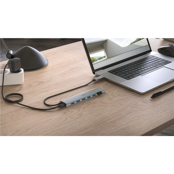 Hama USB hub, 7 portů, USB 3.2, 5 Gb/s, USB-C adaptér, síťový zdroj