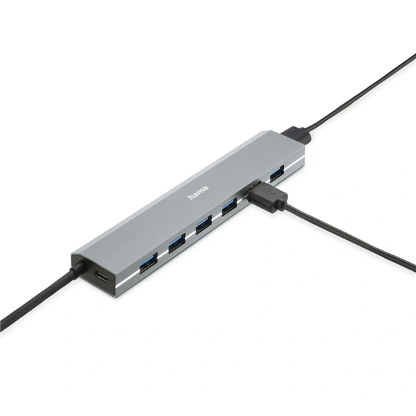 Hama USB hub, 7 portů, USB 3.2, 5 Gb/s, USB-C adaptér, síťový zdroj