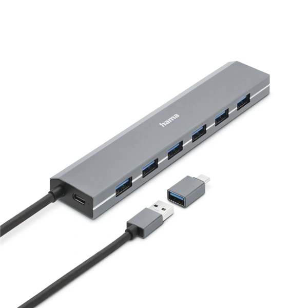 Hama USB hub, 7 portů, USB 3.2, 5 Gb/s, USB-C adaptér, síťový zdroj