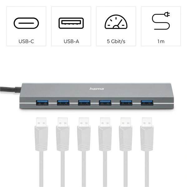 Hama USB hub, 7 portů, USB 3.2, 5 Gb/s, USB-C adaptér, síťový zdroj