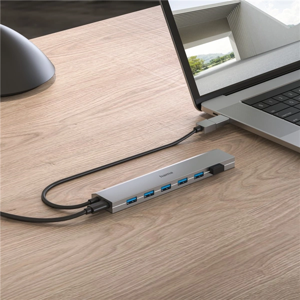Hama USB hub, 7 portů, USB 3.2, 5 Gb/s, USB-C adaptér, síťový zdroj