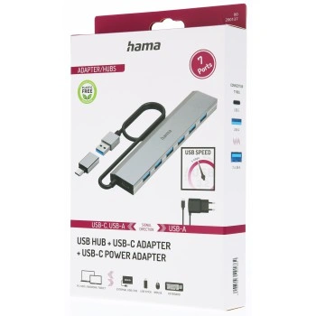 Hama USB hub, 7 portů, USB 3.2, 5 Gb/s, USB-C adaptér, síťový zdroj