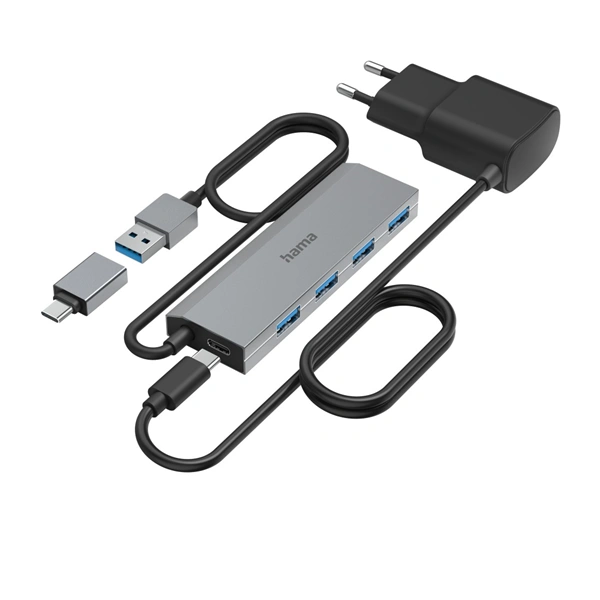 Hama USB hub, 4 porty, USB 3.2, 5 Gb/s, USB-C adaptér, síťový zdroj