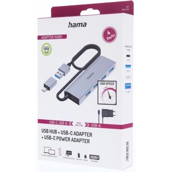 Hama USB hub, 4 porty, USB 3.2, 5 Gb/s, USB-C adaptér, síťový zdroj