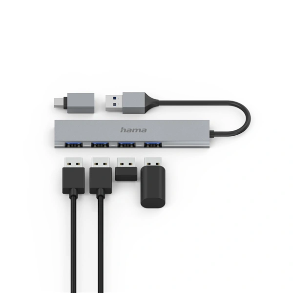Hama USB hub, 4 porty, USB 3.2, 5 Gb/s, Ultra Slim, USB-C adaptér