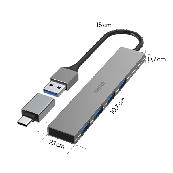 Hama USB hub, 4 porty, USB 3.2, 5 Gb/s, Ultra Slim, USB-C adaptér