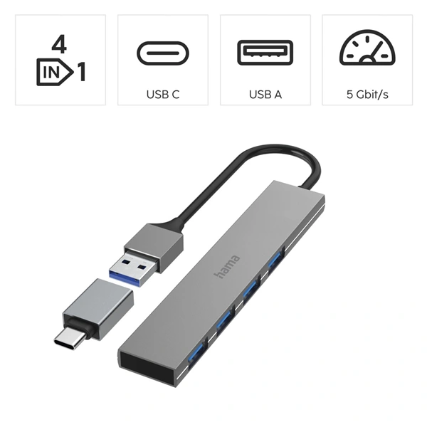 Hama USB hub, 4 porty, USB 3.2, 5 Gb/s, Ultra Slim, USB-C adaptér