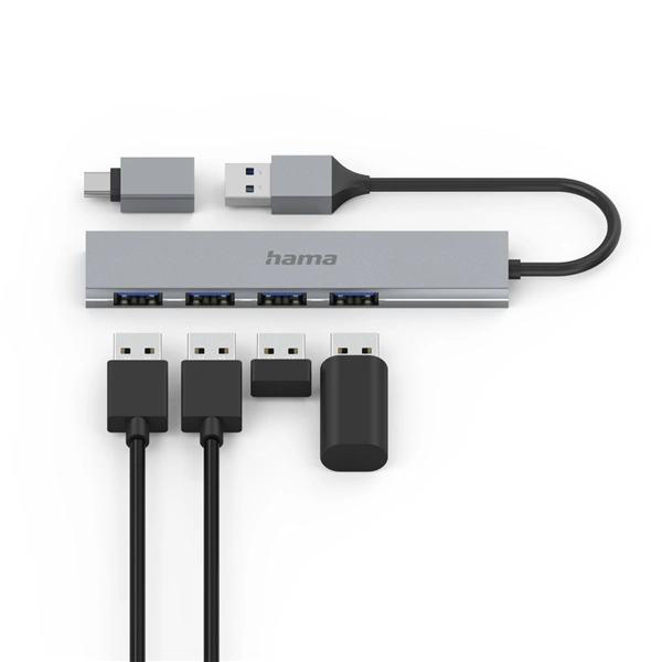 Hama USB hub, 4 porty, USB 3.2, 5 Gb/s, Ultra Slim, USB-C adaptér
