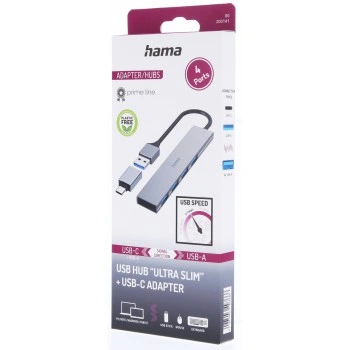 Hama USB hub, 4 porty, USB 3.2, 5 Gb/s, Ultra Slim, USB-C adaptér