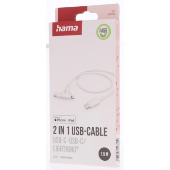 Hama USB-C kabel 2v1: USB-C + Lightning MFi, 1,5 m, bílý