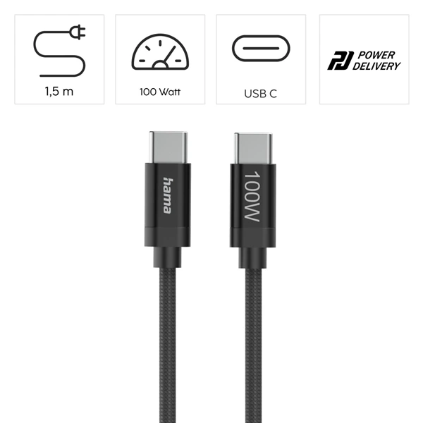 Hama USB-C 2.0 kabel Fabric, 1,5 m, 100 W, opletený