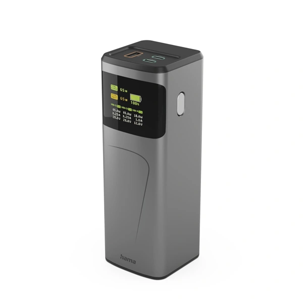 Hama High Power 65 W, powerbanka, 20000 mAh, 2x USB-C, 1x USB-A, PD, QC, displej