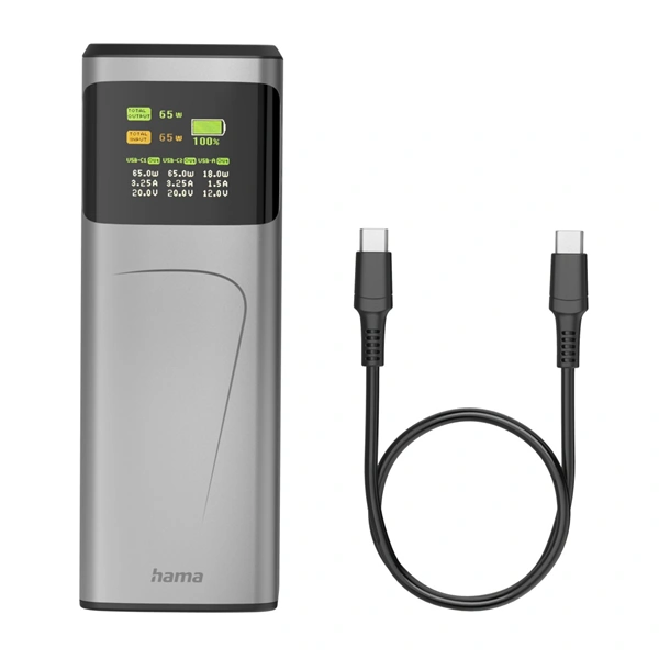 Hama High Power 65 W, powerbanka, 20000 mAh, 2x USB-C, 1x USB-A, PD, QC, displej