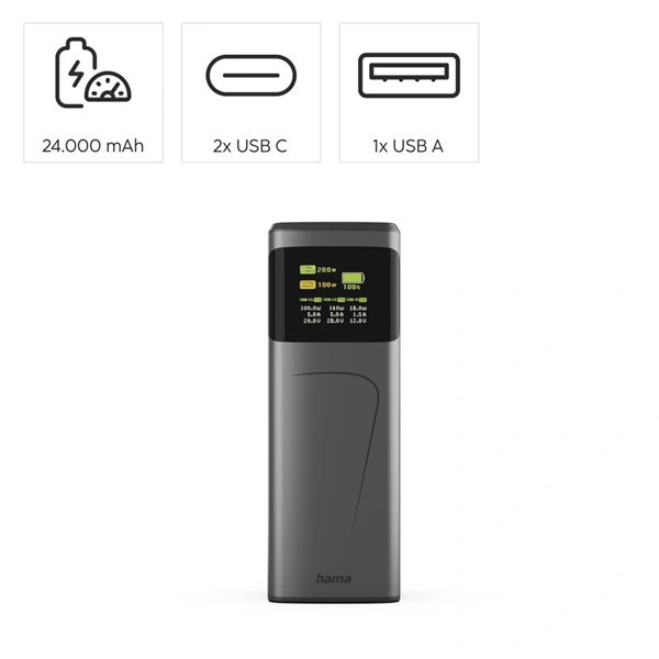 Hama High Power 200 W, powerbanka, 24000 mAh, 2x USB-C, 1x USB-A, PD, QC, displej
