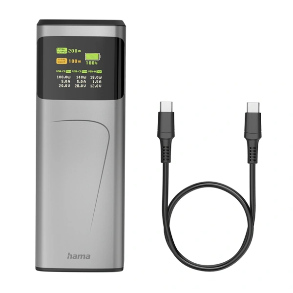 Hama High Power 200 W, powerbanka, 24000 mAh, 2x USB-C, 1x USB-A, PD, QC, displej