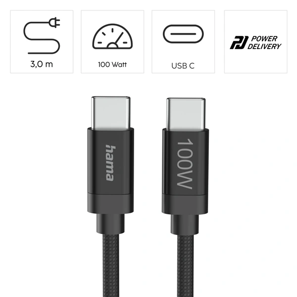 Hama USB-C 2.0 kabel Fabric, 3 m, 100 W, opletený