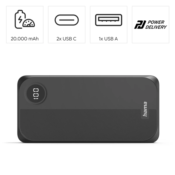 Hama powerbanka 20000 mAh, 3 A, 15 W, výstup: 2x USB-C, 1x USB-A, LED displej