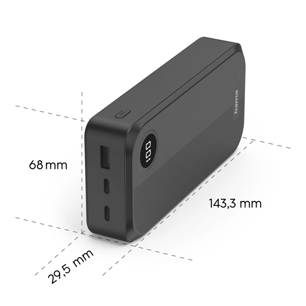Hama powerbanka 20000 mAh, 3 A, 15 W, výstup: 2x USB-C, 1x USB-A, LED displej