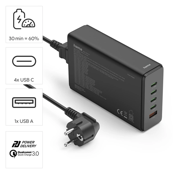 Hama USB nabíjecí stanice GaN, 4x USB-C PD, 1x USB-A QC, 240 W