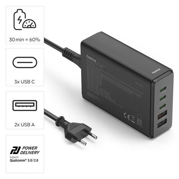 Hama USB nabíjecí stanice GaN, 3x USB-C PD, 2x USB-A (1x QC), 140 W