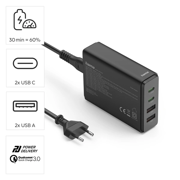 Hama USB nabíjecí stanice GaN, 2x USB-C PD, 2x USB-A QC, 65 W