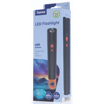 Hama FLX600, LED svítilna, hliníková, 600 lm / 250 m, 4 režimy+SOS, IP44, zoom, karabinka, baterie