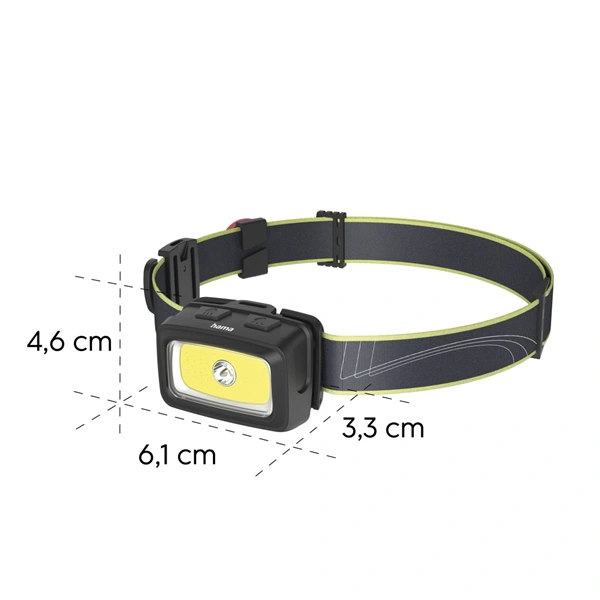 Hama HL350, LED čelovka, COB, svítivost 350 lm, dosvit 60 m, IP44, SOS píšťalka, baterie