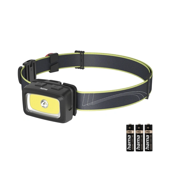 Hama HL350, LED čelovka, COB, svítivost 350 lm, dosvit 60 m, IP44, SOS píšťalka, baterie