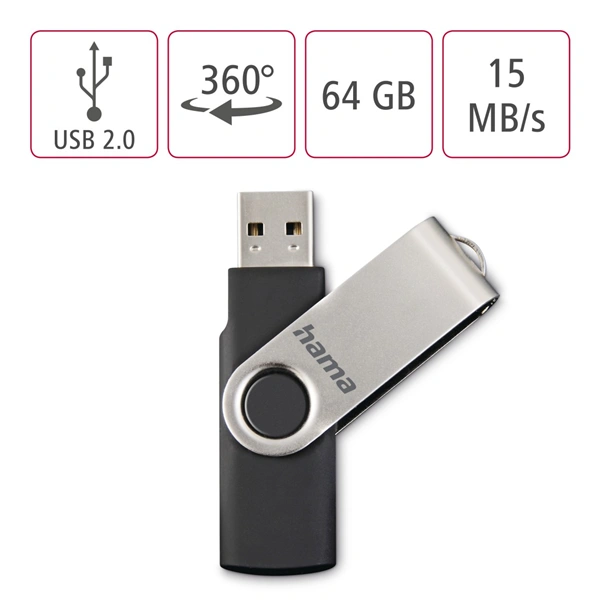 Hama rotate FlashPen, USB 2.0, 64 GB, 6 MB/s, black/silver