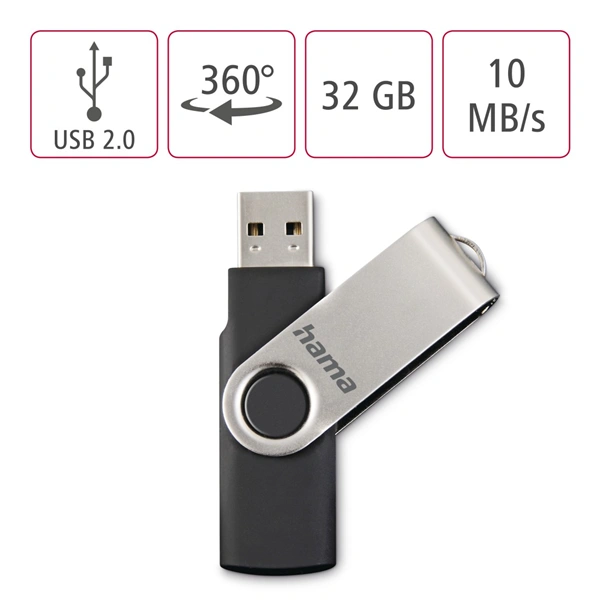 Hama rotate FlashPen, USB 2.0, 32 GB, 6 MB/s, black/silver