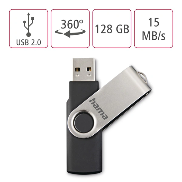 Hama rotate FlashPen, USB 2.0, 128 GB, 6 MB/s, black/silver