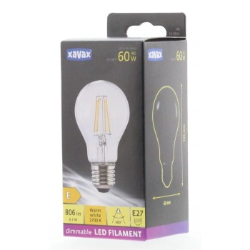 Xavax LED Filament žárovka, E27, 806 lm (nahrazuje 60 W), teplá bílá, vhodná pro stmívače, čírá