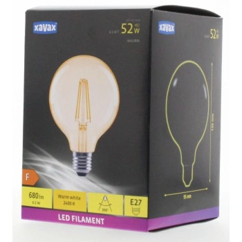 Xavax LED Filament žárovka, E27, 680 lm (nahrazuje 52 W), design G95, teplá bílá, jantarová barva