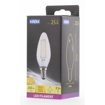 Xavax LED Filament žárovka, E14, 250 lm (nahrazuje 25 W), svíčka, teplá bílá, čirá