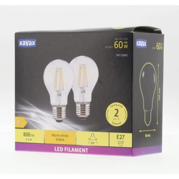 Xavax LED Filament žárovka, E27, 806 lm (nahrazuje 60 W), teplá bílá, čirá, 2 ks v krabičce