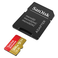 SanDisk Extreme microSDXC 256GB + SD Adapter 190MB/s & 130MB/s Read/Write A2 C10 V30 UHS-I U3