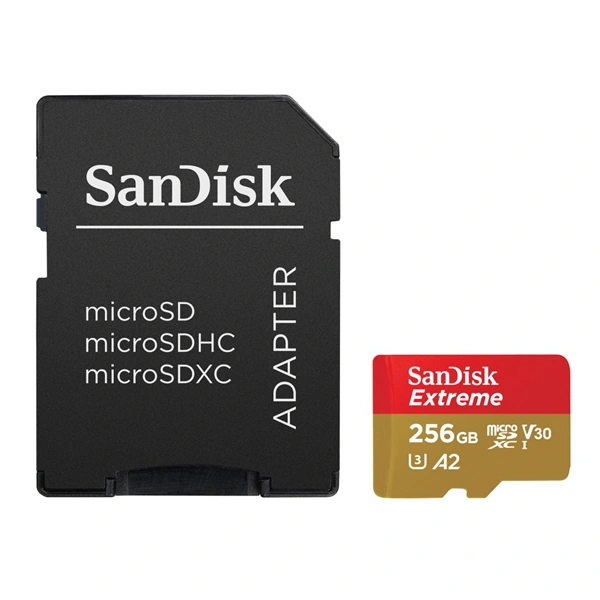 SanDisk Extreme microSDXC 256GB + SD Adapter 190MB/s & 130MB/s Read/Write A2 C10 V30 UHS-I U3