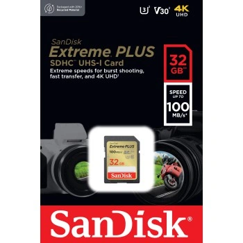 SanDisk Extreme PLUS 32GB SDHC Memory Card 100MB/s & 60MB/s, UHS-I, Class 10, U3, V30