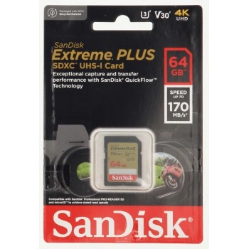 SanDisk Extreme PLUS 64GB SDXC Memory Card 170MB/s & 80MB/s, UHS-I, Class 10, U3, V30