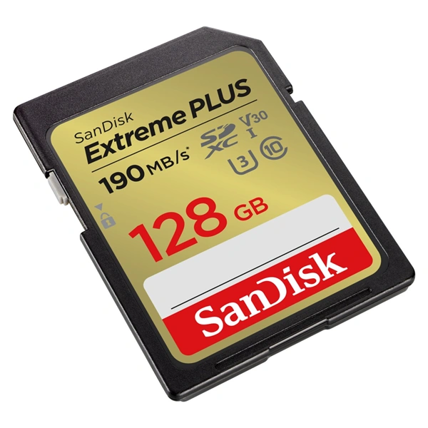 SanDisk Extreme PLUS 128GB SDXC Memory Card 190MB/s & 90MB/s, UHS-I, Class 10, U3, V30