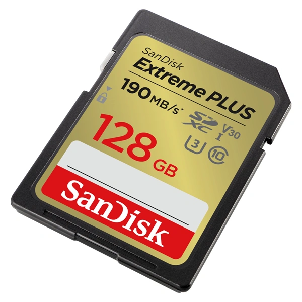 SanDisk Extreme PLUS 128GB SDXC Memory Card 190MB/s & 90MB/s, UHS-I, Class 10, U3, V30