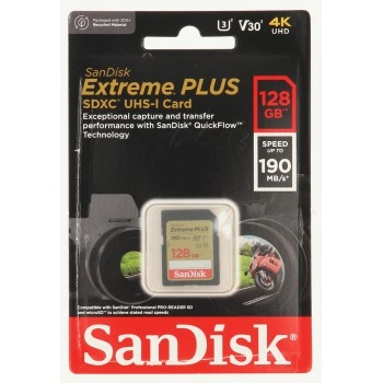 SanDisk Extreme PLUS 128GB SDXC Memory Card 190MB/s & 90MB/s, UHS-I, Class 10, U3, V30