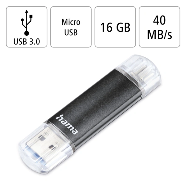 Hama USB flash disk Laeta Twin, USB 3.0, 16 GB, 40 MB/s, černý