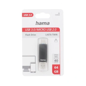 Hama USB flash disk Laeta Twin, USB 3.0, 64 GB, 40 MB/s, USB-A - micro USB