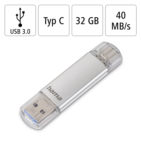 Hama Flash Pen Laeta, USB-C/USB-A 3.1, 32 GB, 40 MB/s, stříbrný