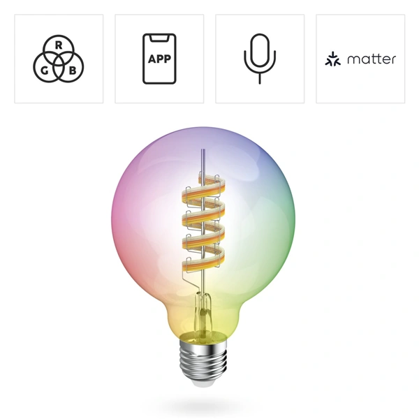 Hama SMART WiFi LED žárovka, Matter, E27, G95 Filament, koule, RGBW, stmívatelná, aplikace