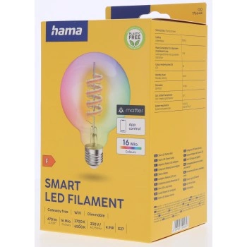Hama SMART WiFi LED žárovka, Matter, E27, G95 Filament, koule, RGBW, stmívatelná, aplikace